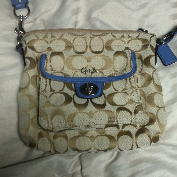 Cross body tan and blue coach purse
