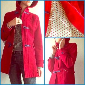 SALE!! Red Wool Hooded Toggle Coat