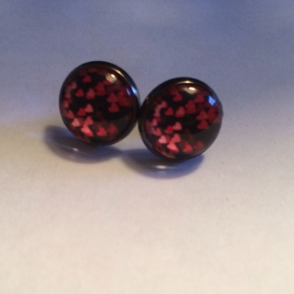 Red hearts handmade glass dome earrings