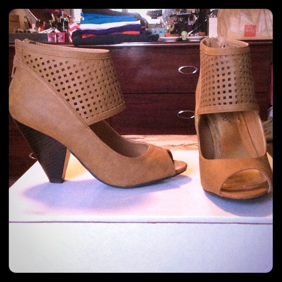 Tan Peep-Toe Cut Out Ankle Boots