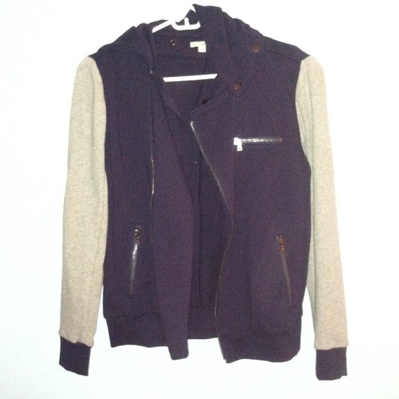 NAVYBLUE GRAY COLORBLOCK ZIPPER BOMBER TYPE JACKET