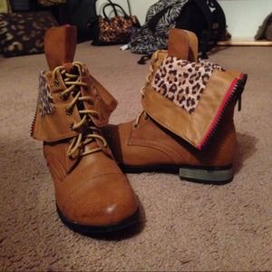 Cheetah combat boots with red lined zipper