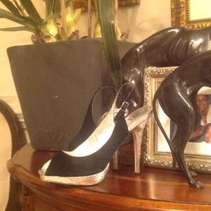 Black suede peep-toe sling-backs