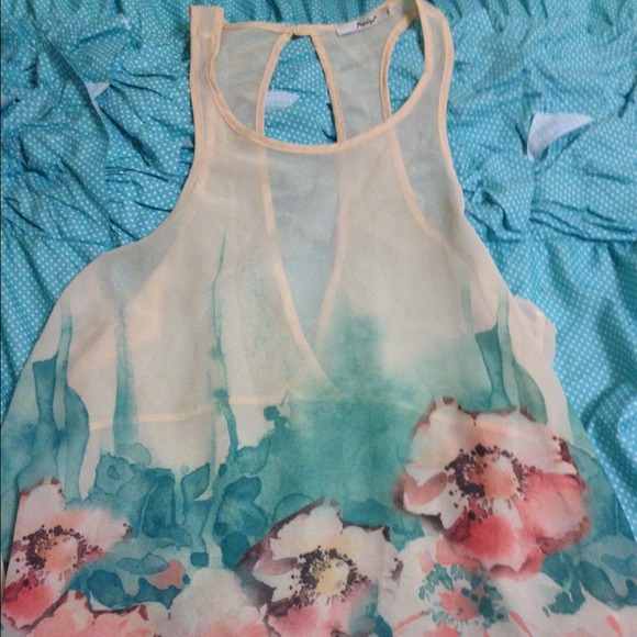 Chiffon Floral Peach Cream & Turquoise Shirt - Picture 2 of 4