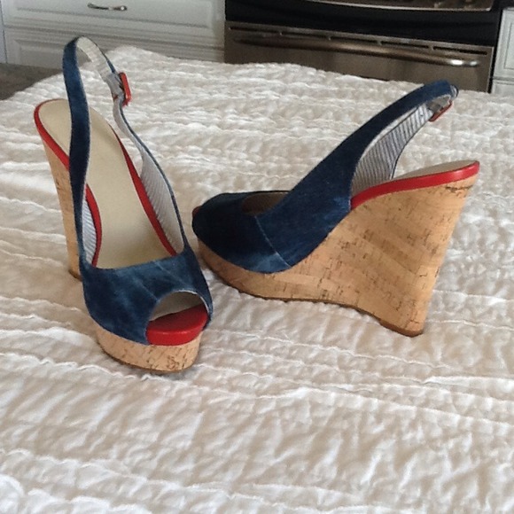Denim, cork wedge sandals