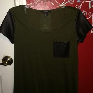 Olive shirt w faux leather pocket & sleeves