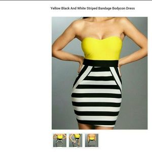Yellow Black & White Strip Bandage Bodycon Dress