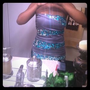 Silver metallic bodycon dress and turquoise sequin