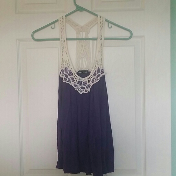 Purple flowy tank top with white crochet straps