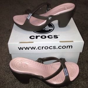 Brown and pink crocs heel