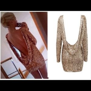 GOLD SEQUIN BACKLESS DRAPE HALTER MINI DRESS