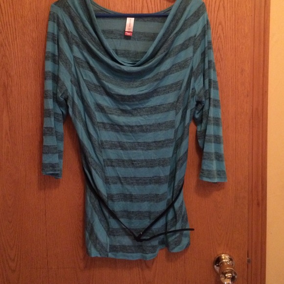 Teal /gray striped shirt with belt NWOT