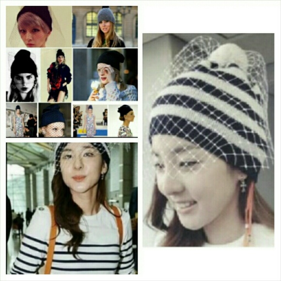 Stripe, pompom and white veil hat - Picture 1 of 3