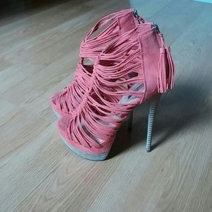 Suede Coral fringe heels