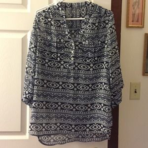 Blue and white tribal 3/4 sleeve shirt