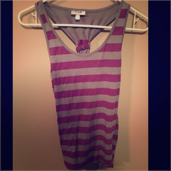 Grey and purple striped tank with cute back.