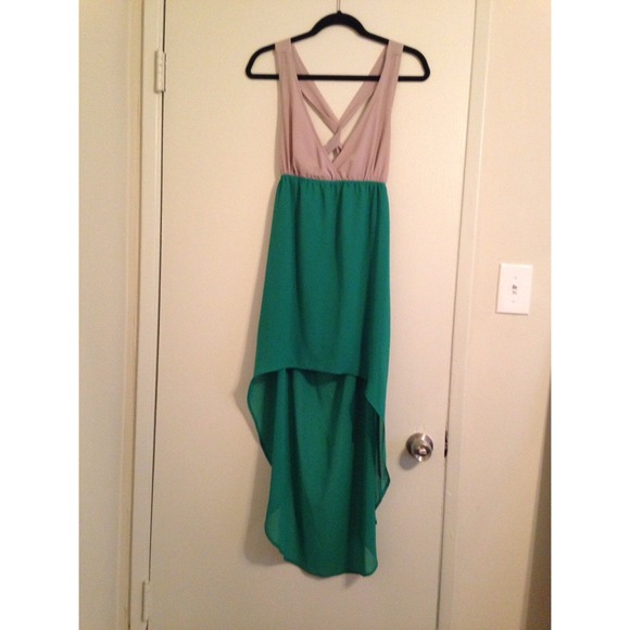 Tan & turquoise high-low dress