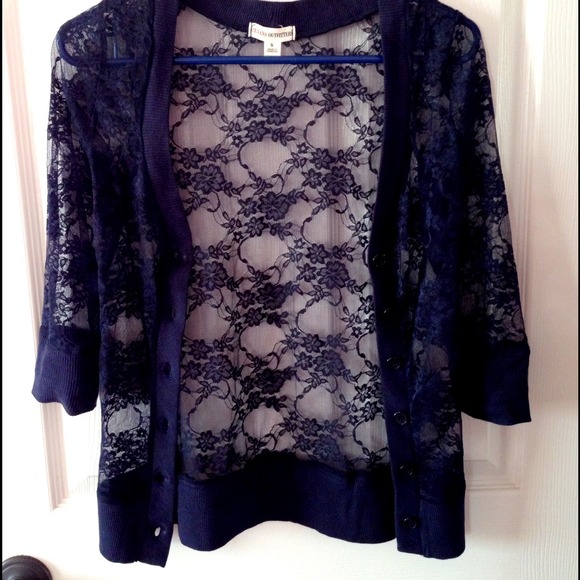 Dark Blue Lace 3/4 Sleeve Sweater - Picture 2 of 3