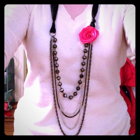 Black and silver rose and bow necklace