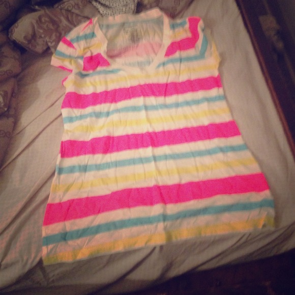Pink, blue, and yellow striped v neck