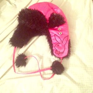 Pink silky play boy bunny hat with black fur