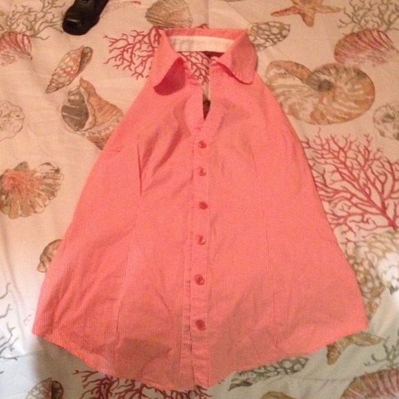 F21 sleeveless pink/ white stripped button up top