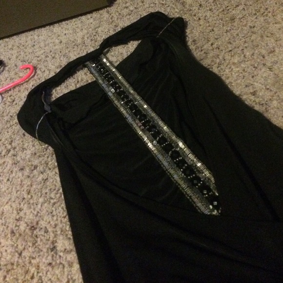 Backless cowl neck black dress