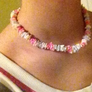 Pink, white, & light blue shell necklace.