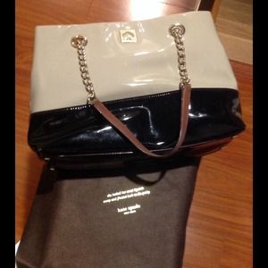 Kate Spade patent leather taupe and black handbag