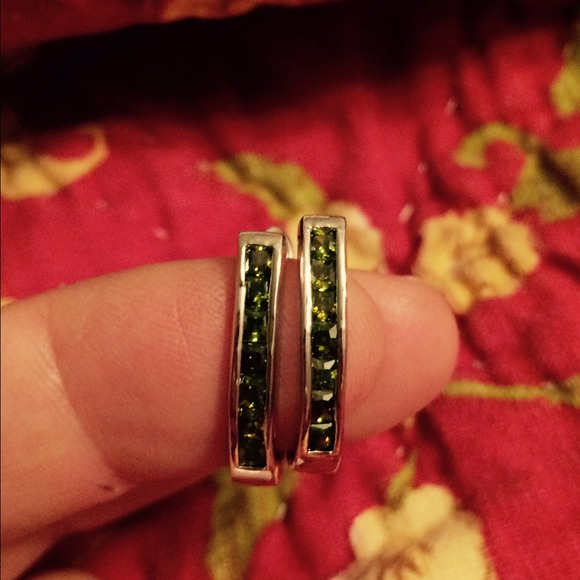 SOLD.  Green stone rhodium silver color earrings