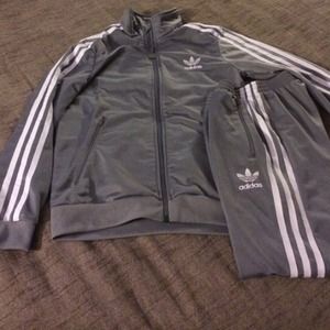 Gray and white Adidas jogging suit.