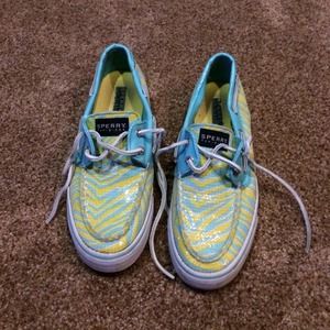 Sperry topside yellow and blue zebra boat shoes