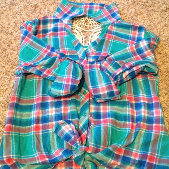 Bright colored flannel with white lace💕