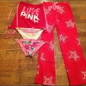 Two bikini bottoms. A pajama bottom and a bag.