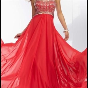 Red ball gown dress.