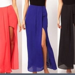 Blue maxi skirt with slit.