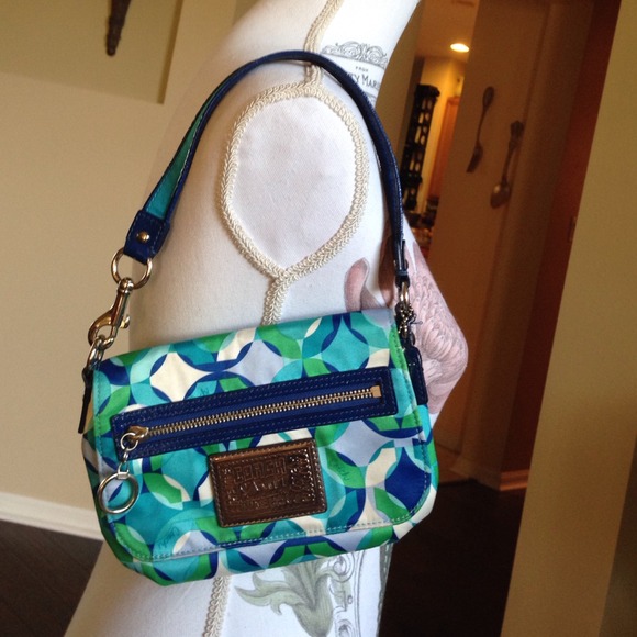 Blue and green coach purse