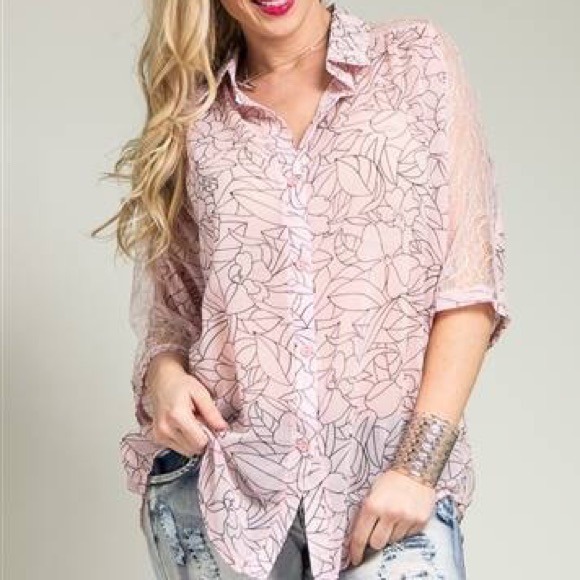 Tropical lace shirt, Pink 1X, 2X,3X