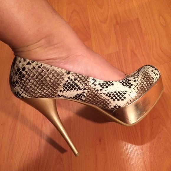Python Almond Toe Gold Covered Pumps - Picture 1 of 4