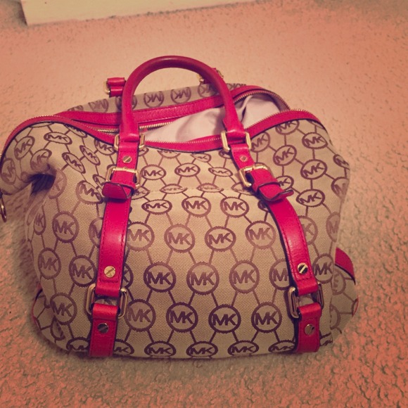 red and brown michael kors purse