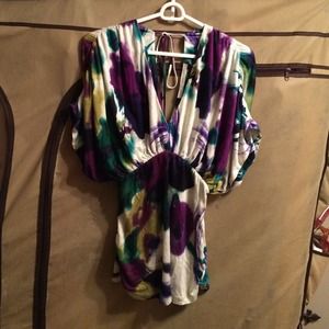 Tie Dye Flutter Sleeve V-Neck Top Open Back Size L