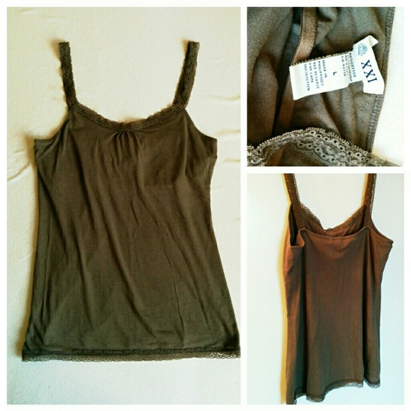 Forever 21 Tops - = Forever 21 Olive Lace Edged Tank w/Built-in Bra L
