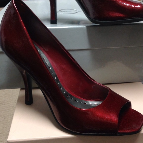 BCBG red open toe heels