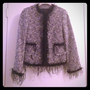 Black and White Tweed Jacket w/ Fringe Detail