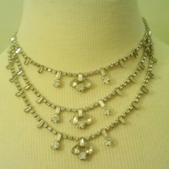 Vintage Jewelry - HP - 1950s Triple Strand Rhinestone Necklace