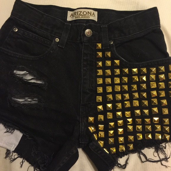 Black denim studded shorts