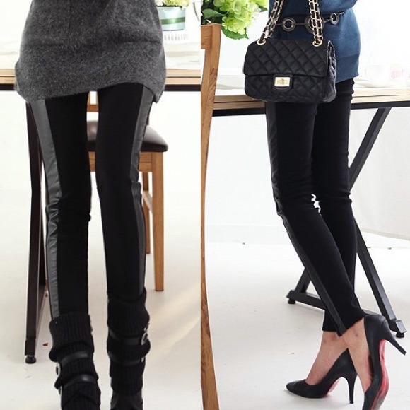 Thin Leggings with Leather Like stripes - Picture 2 of 4