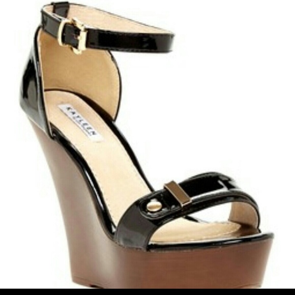 kaylee Shoes - Black Glossy Ankle Strap Wedge