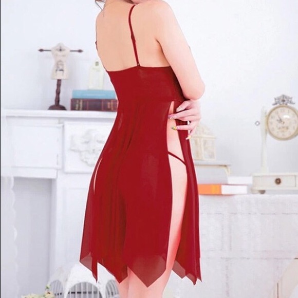 Bright Red Chemise Sheer with Lace - Picture 3 of 3