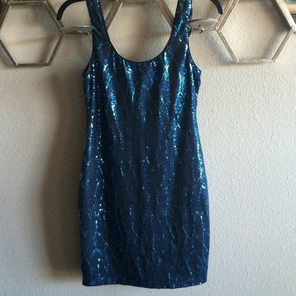 Blue sequin mini dress.